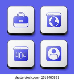 Set Briefcase, Worldwide, Page with 404 error and Create account screen icon. White square button. Vector