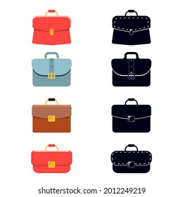 Set of briefcases of different colour and their silhouettes. Collection of business suitcases. Vector icon set.