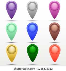 Set of bright 3d color map pointers with shadow. Isolated marker icons in vector.