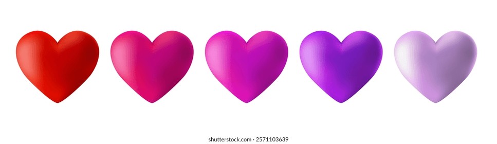 Set of bright 3d heart in different color and shades of pink and red. Isolated design element for Valentine's Day, wedding. Vector illustration eps10 on transparent background.