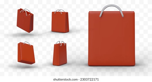 Set of bright 3D paper bags with handles. Symbol of gift wrapping, expensive purchase. Icons for designing store application. Collection of images made in same style and color