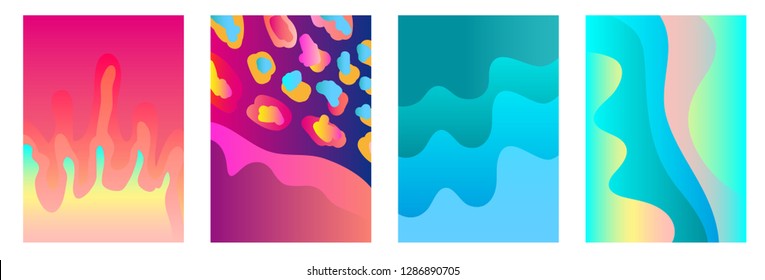 Set of bright A4 covers with abstract wavy shapes and splashes. Template for books, cards, banners, posters. Minimalistic design with fluid gradients. Sea and corals shades palette.