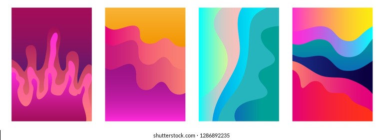 Set of bright A4 covers with abstract wavy shapes inspired by nature. Template for books, cards, banners, posters. Minimalistic design with fluid gradients. Sea and corals shades palette.