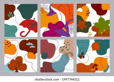 set of bright abstract backgrounds with organic wavy shapes and autumn fall decorative elements