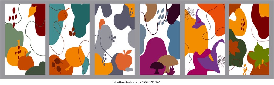 set of bright abstract backgrounds with organic wavy shapes, lines dots and autumn fall decorative elements