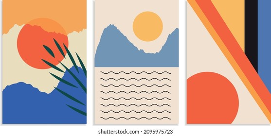Set of bright abstract backgrounds, paintings, posters, banners. Mountains, sea, sun, sunset, palm branch