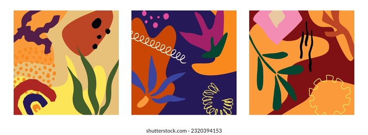 Un conjunto de fondos abstractos brillantes.Varias formas dibujadas a mano y objetos de doodle.Ilustraciones vectoriales de moda modernas.