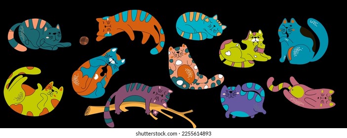 
Set of bright abstract cats. Set of isolated cats in doodle style. 11 cute and funny cats. Vector illustration.