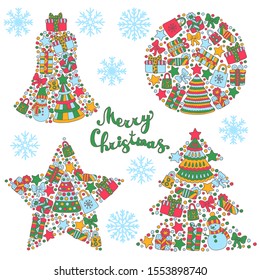 Set of bright abstract Christmas decorations of Christmas trees, snowmen, gifts, stars, bows, confetti, snowflakes, bells, balls for greeting card design and boxes