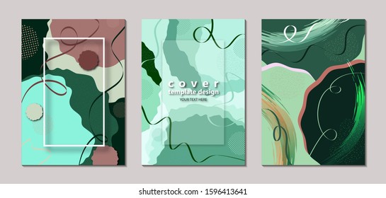 Set. Bright abstract color background. Geometric wave shapes, decorative lines, circles of dots. Modern design. Template for banner, flyer, poster, brochure, gift card, cover. Vector illustration.