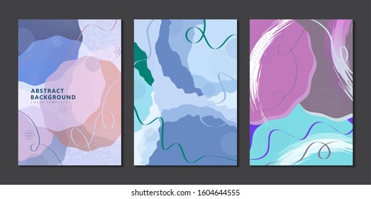 Set. Bright abstract color background. Geometric wave shapes, decorative lines, circles of dots. Modern design. Template for banner, flyer, poster, brochure, gift card, cover. Vector illustration