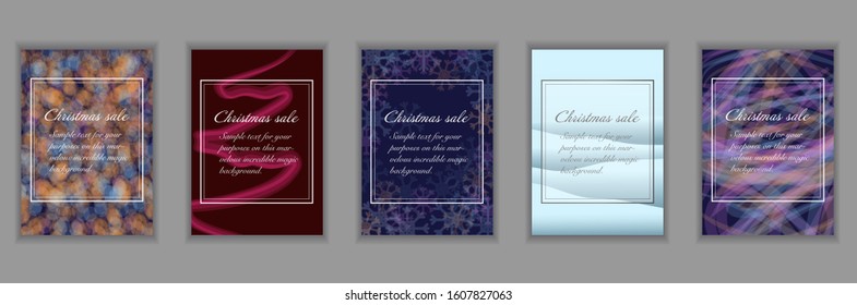 Set of bright abstract festive backgrounds A4 format with transparency and bokeh. Text frame template. Vector illustration.