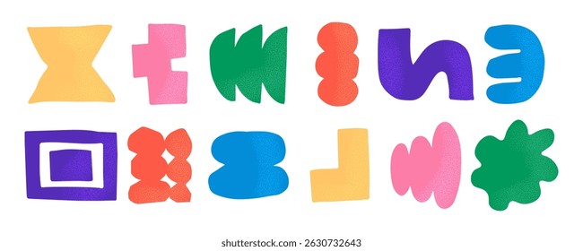 Set of bright abstract geometric shapes with grain texture. Colorful modern design elements for creative projects, posters,  playful compositions, or contemporary branding. Vector illustration
