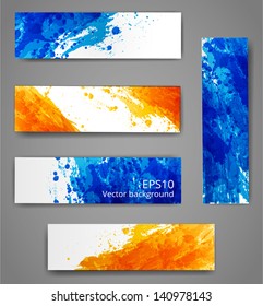 Set of bright abstract paper-cut backgrounds with orange and blue splashes. Vector illustration