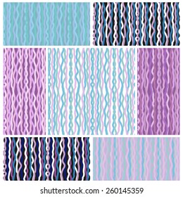 Set of bright abstract seamless patterns of wavy lines in cool colors. Vector eps 10.
