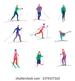Set of bright abstract skiers. Men, women, children skiing, active winter sports.
