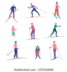 Set of bright abstract skiers. Men, women, children skiing, active winter sports.