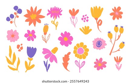 Set of bright abstract stylised flowers, leaves, berries