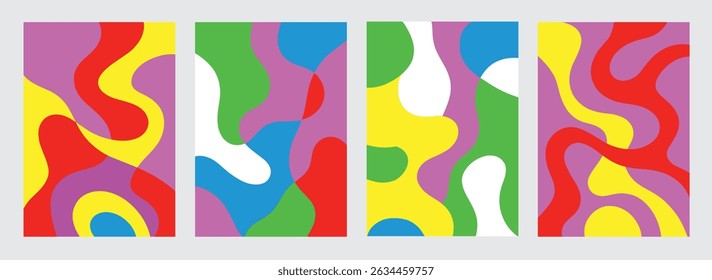 Set of bright abstract summer cards with colorful liquid shapes and overlap effect. Modern design for ads, posters, labels, packaging, web, and print.
