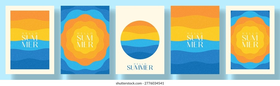Set of bright abstract summer cards. Vector covers design with sun on blue wavy background and sea waves at sunset. Minimalist summer posters for vacation and travel design, branding, ads, banners.