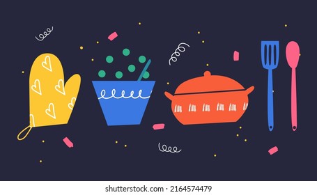 A set of bright abstract tableware in doodle style. Vector illustration.