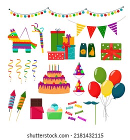 A set of bright accessories and gifts for birthday celebrations.  Garland, balloons, cake, pinata. Vector illustration.