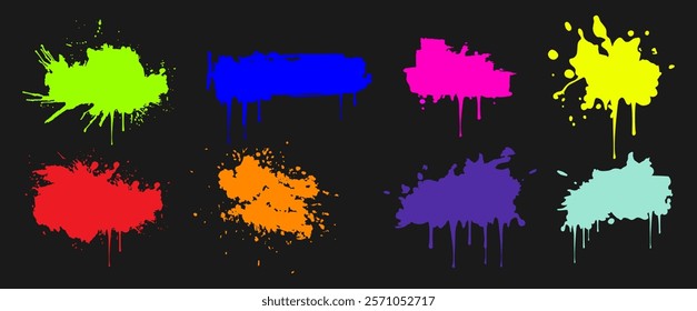 A set of bright, acidic spots, blots, brush strokes, splashes. Neon palette: green, yellow, red, orange, pink, purple. Grunge elements for graffiti. Isolated. Vector illustration.