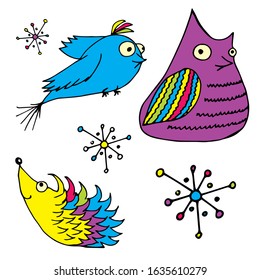 Set of bright animal elements on a white background. Funny owl, bird and hedgehog with bulging eyes. Abstract elements. Children's pattern. Doodle style