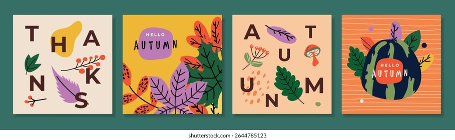 Set of bright art style abstract autumn greeting card, poster, cover, with bright leaves and pumpkin. Fall print, flyer design, web banner. Template for ads, social media and season decoration.