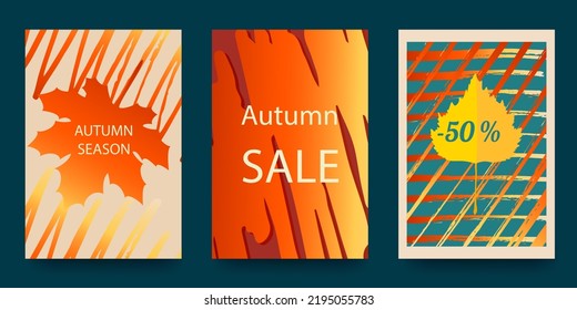 Set of bright autumn abstract posters in modern hipster style. Trendy modern art with autumn leaves. Vector illustration