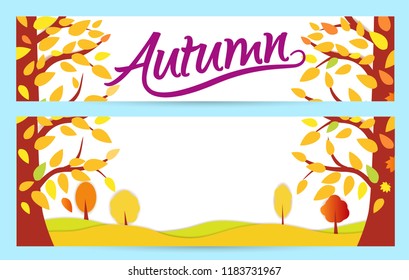 Set Bright autumn banners. gold autumn forest. With text - Autumn Sale up to 50%. Vector illustrations for flyers, leaflet, web.