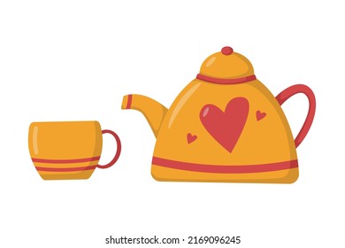 A set of bright autumn cup and a teapot for tea in yellow-red color with a different print in a flat style. Vector image.