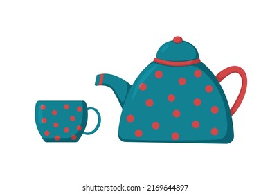 A set of bright autumn cup and a teapot for tea in green-red color with in a flat style. Vector image.