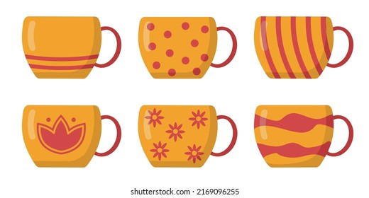 A set of bright autumn cups for tea in yellow-red color with a different print in a flat style. Vector image.