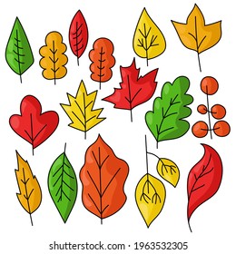 Set of bright autumn doodle leaves, falling leaves cozy elements with carved edges vector illustration