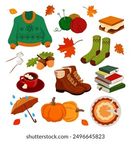 Conjunto de Elementos de otoño brillantes en un estilo de dibujos animados. Ilustración vectorial: suéter, madejas de hilos, calcetines, botas, hojas, paraguas, sándwich, pila de libros, calabaza, pastel, malvaviscos en palos, bellotas.