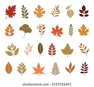 Set of bright autumn falling leaves. Colorful Autumn falling leaves isolated on transparent background. Vector illustration. Hand drawn autumn collection with seasonal plants and leaves cut out