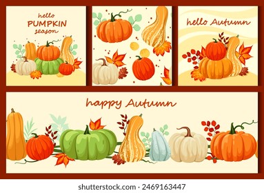 A set of bright autumn posters with pumpkins. Seamless patterns and cards for autumn holidays.