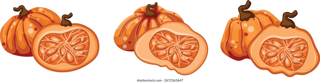 Conjunto de calabazas de otoño brillantes en forma redonda y cortadas por la mitad con semillas al lado, para diseños o patrones de otoño y embalaje