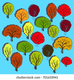 Set of bright autumn trees on a bare background, autumn forest, a park with different trees painted in a naive style.Freehand drawing vector  with doodles.