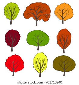 Set of bright autumn trees on a  white background, autumn forest, a park with different trees painted in a naive style. Freehand drawing vector with doodles pattern.
