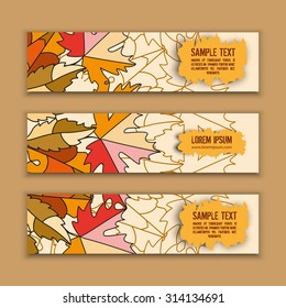 Set of bright autumn vector banners. Fall maple leaves on bright background. Places for your text.