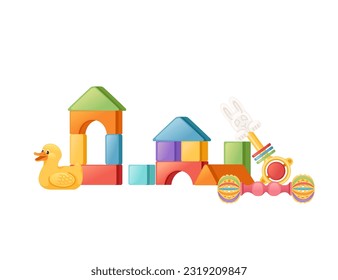 Set of bright baby toys vector illustration isolated on white background