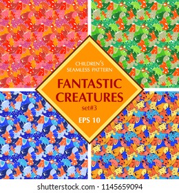 Set of bright background with fantastic creatures.