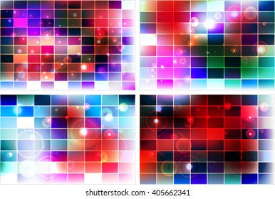 Set of Bright background image with a square pixel grid, flares and flashes. Vector illustration. For use in printing, flyer design, wallpaper, presentations. Red theme