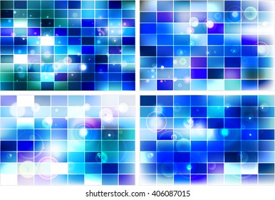 Set of Bright background image with a square pixel grid, flares and flashes. Vector illustration. For use in printing, flyer design, wallpaper, presentations. Digital blue theme