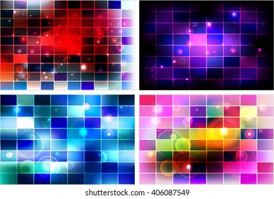 Set of Bright background image with a square pixel grid, flares and flashes. Vector illustration. For use in printing, flyer design, wallpaper, presentations