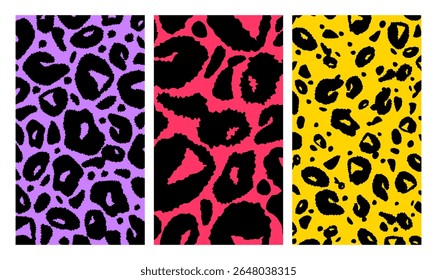 Um conjunto de fundos brilhantes com um padrão abstrato de pele de leopardo, chita. wallpapers verticais para smartphones, redes sociais, publicações, cartões postais, convites.