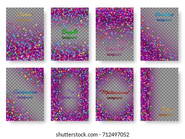 Set of bright backgrounds with multicolored confetti falling on a violet transparent backdrop