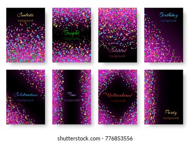 Set of bright backgrounds with multi-colored confetti and pink sparkles falling on a violet backdrop